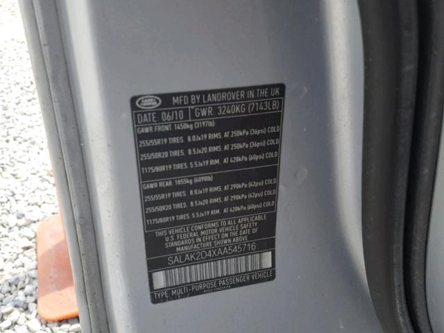 SALAK2D4XAA545716 - 2010 LAND ROVER LR4 HSE LU SILVER photo 10