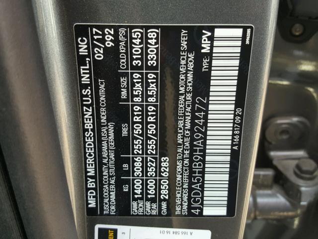 4JGDA5HB9HA924472 - 2017 MERCEDES-BENZ GLE 350 4M CHARCOAL photo 10