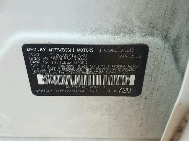 ML32A3HJ2FH046978 - 2015 MITSUBISHI MIRAGE DE WHITE photo 10