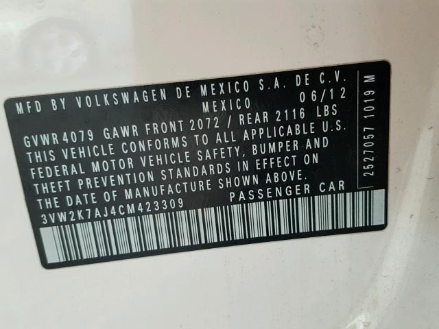 3VW2K7AJ4CM423309 - 2012 VOLKSWAGEN JETTA BASE 白色 照片 10