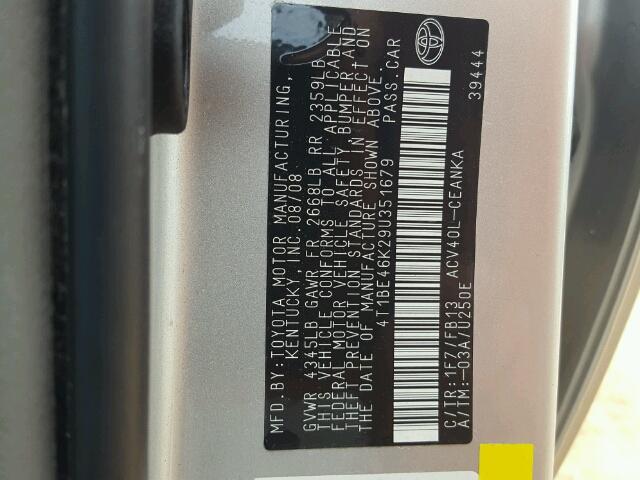 4T1BE46K29U351679 - 2009 TOYOTA CAMRY BASE SILVER photo 10