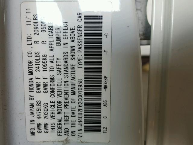 JH4CU2F62CC010958 - 2012 ACURA TSX TECH WHITE photo 10