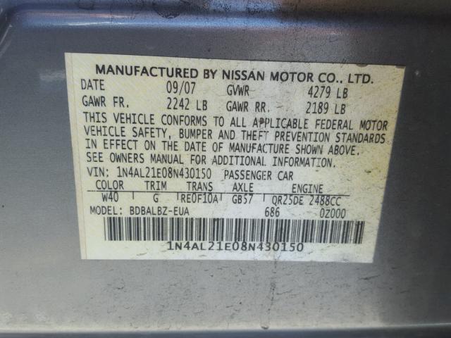 1N4AL21E08N430150 - 2008 NISSAN ALTIMA 2.5 GRAY photo 10