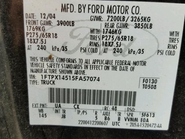 1FTPX14515FA57074 - 2005 FORD F150 BLACK photo 10