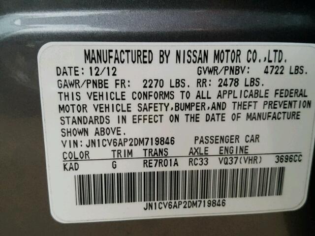 JN1CV6AP2DM719846 - 2013 INFINITI G37 BASE GRAY photo 10