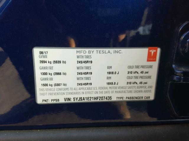 5YJSA1E21HF207435 - 2017 TESLA MODEL S BLUE photo 10