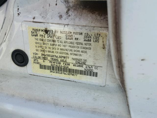 3N1CB51D76L509877 - 2006 NISSAN SENTRA WHITE photo 10