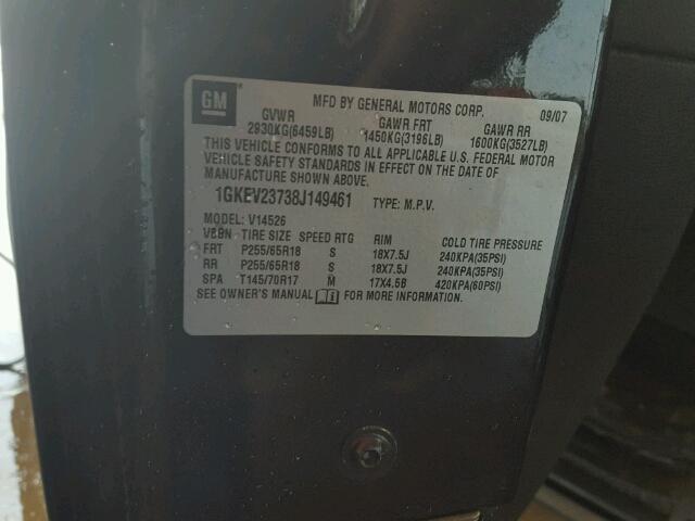 1GKEV23738J149461 - 2008 GMC ACADIA SLT შავი ფოტო 10
