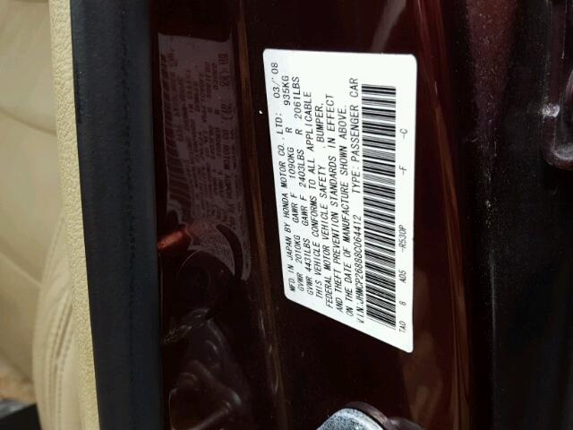 JHMCP26888C064412 - 2008 HONDA ACCORD EXL RED photo 10