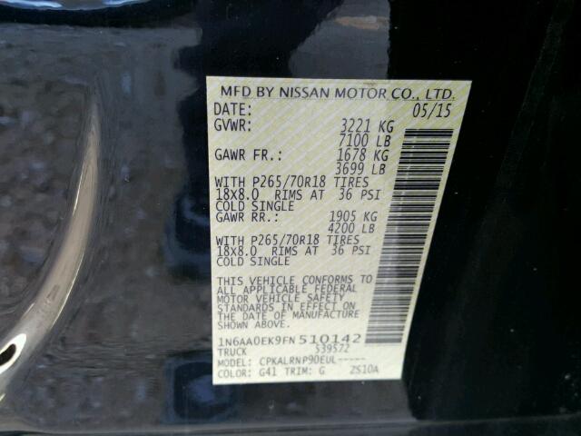 1N6AA0EK9FN510142 - 2015 NISSAN TITAN S BLACK photo 10