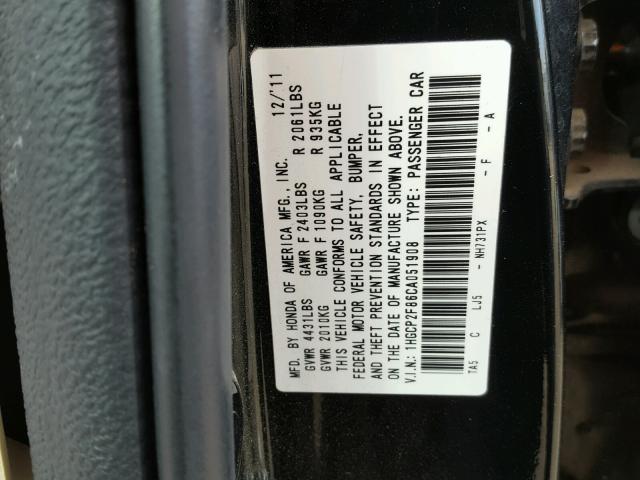 1HGCP2F86CA051908 - 2012 HONDA ACCORD EXL BLACK photo 10