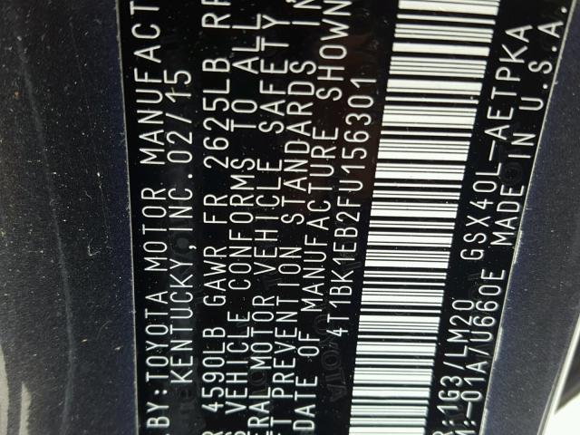 4T1BK1EB2FU156301 - 2015 TOYOTA AVALON XLE GRAY photo 10