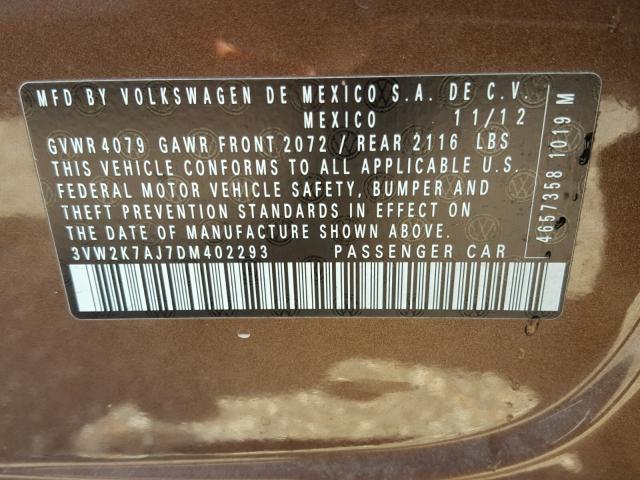 3VW2K7AJ7DM402293 - 2013 VOLKSWAGEN JETTA BASE Շագանակագույն լուսանկար 10