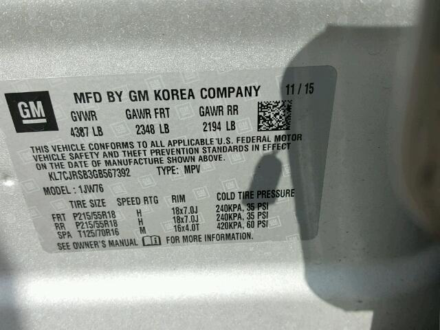 KL7CJRSB3GB567392 - 2016 CHEVROLET TRAX SILVER photo 10