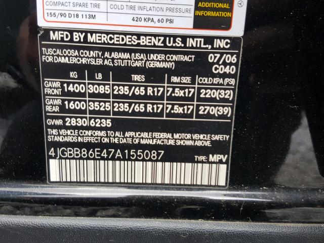 4JGBB86E47A155087 - 2007 MERCEDES-BENZ ML 350 BLACK photo 10