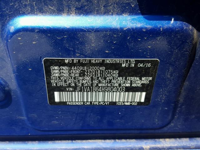 JF1VA1B64H9804003 - 2017 SUBARU WRX BLUE photo 10