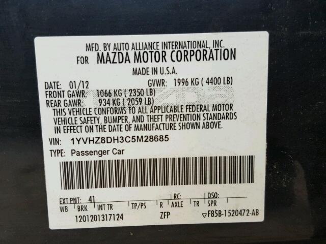 1YVHZ8DH3C5M28685 - 2012 MAZDA 6 CHARCOAL photo 10