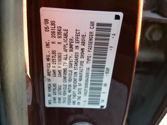 1HGCP36808A068104 - 2008 HONDA ACCORD EXL MAROON photo 10