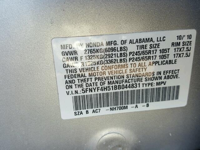 5FNYF4H51BB044831 - 2011 HONDA PILOT SILVER photo 10