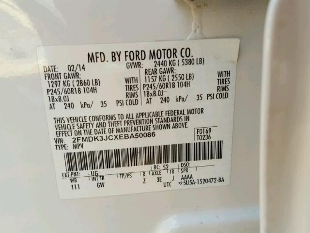 2FMDK3JCXEBA50086 - 2014 FORD EDGE WHITE photo 10