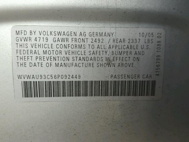 WVWAU93C56P092449 - 2006 VOLKSWAGEN PASSAT SILVER photo 10