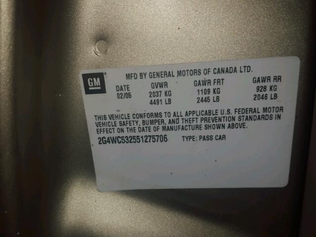2G4WC532551275706 - 2005 BUICK LACROSSE C BEIGE photo 10