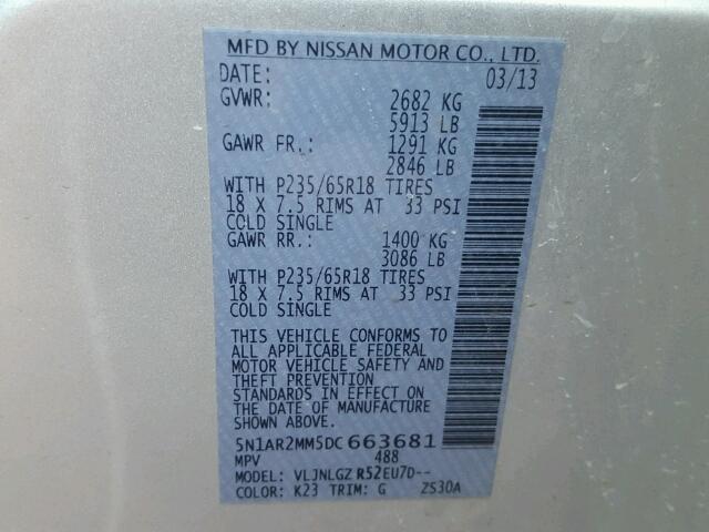 5N1AR2MM5DC663681 - 2013 NISSAN PATHFINDER SILVER photo 10