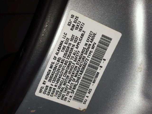 5FNRL3H67AB066072 - 2010 HONDA ODYSSEY SILVER photo 10