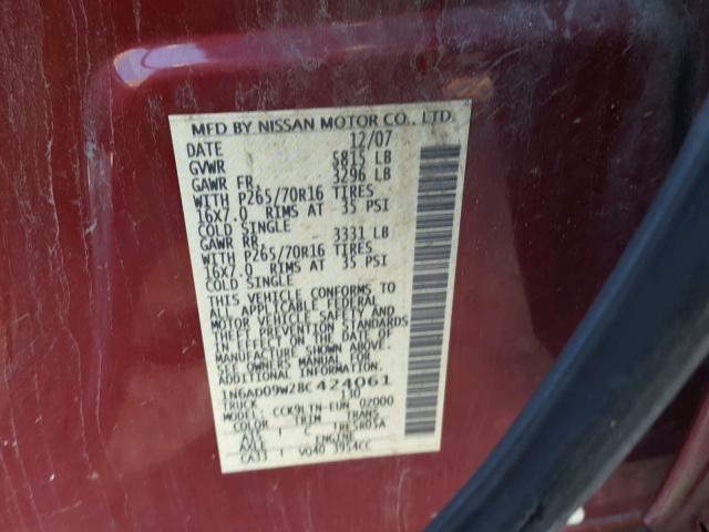 1N6AD09W28C424061 - 2008 NISSAN FRONTIER C RED photo 10