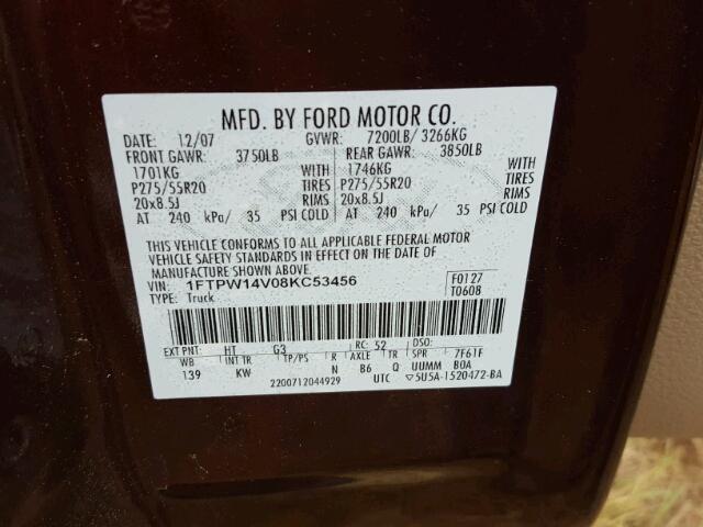 1FTPW14V08KC53456 - 2008 FORD F150 BROWN photo 10