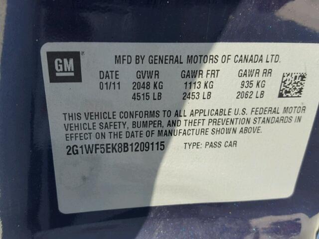 2G1WF5EK8B1209115 - 2011 CHEVROLET IMPALA 蓝色 照片 10