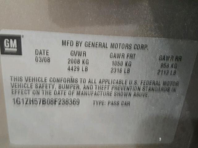 1G1ZH57B08F238369 - 2008 CHEVROLET MALIBU 1LT 米色 照片 10