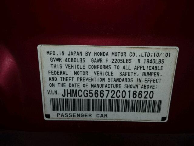 JHMCG56672C016620 - 2002 HONDA ACCORD EX RED photo 10