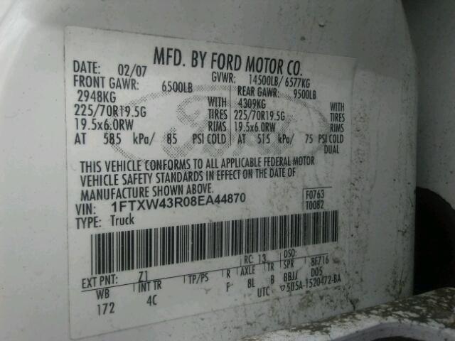 1FTXW43R08EA44870 - 2008 FORD F450 SUPER WHITE photo 10