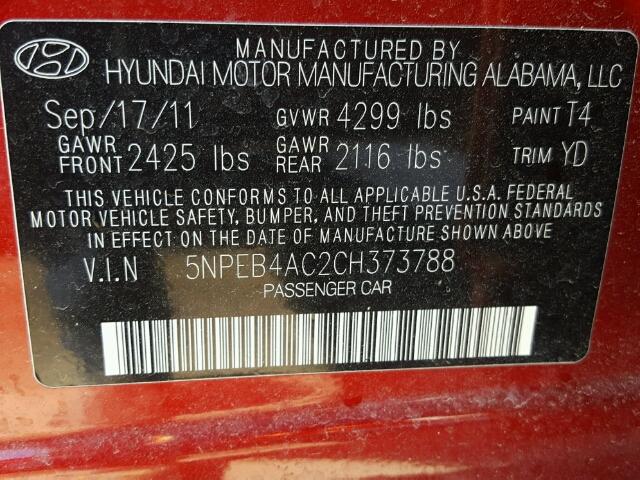 5NPEB4AC2CH373788 - 2012 HYUNDAI SONATA RED photo 10