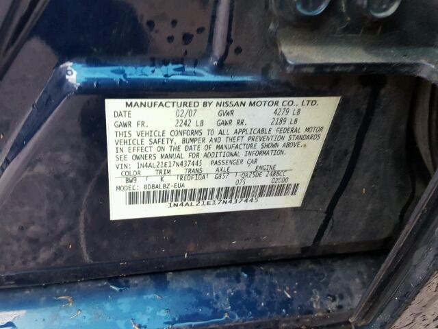 1N4AL21E17N437445 - 2007 NISSAN ALTIMA 2.5 BLUE photo 10