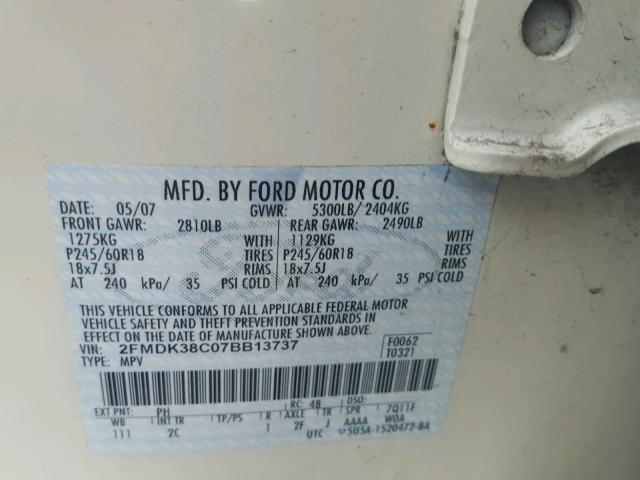 2FMDK38C07BB13737 - 2007 FORD EDGE SEL WHITE photo 10