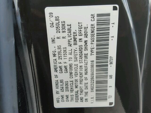 1HGCS22849A009816 - 2009 HONDA ACCORD EXL BLACK photo 10