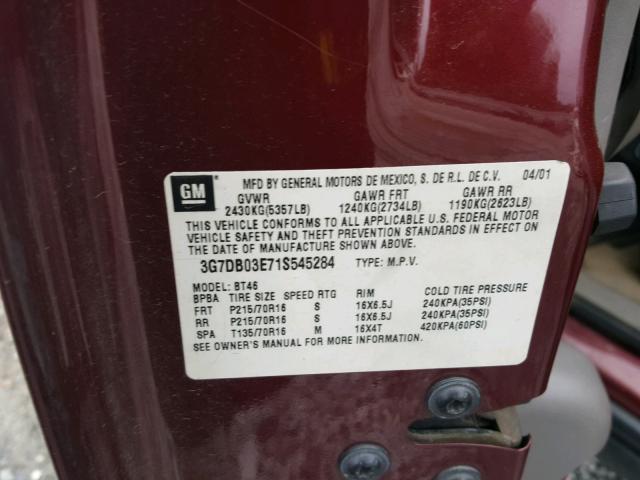 3G7DB03E71S545284 - 2001 PONTIAC AZTEK MAROON photo 10