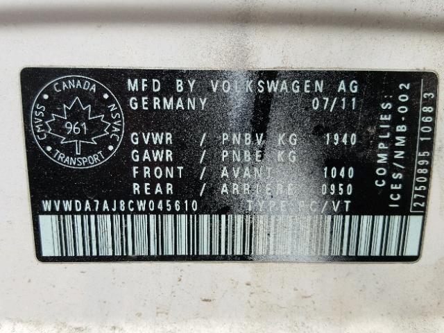 WVWDA7AJ8CW045610 - 2012 VOLKSWAGEN GOLF WHITE photo 10