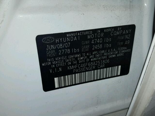 KMHFC46F68A251806 - 2008 HYUNDAI AZERA SE WHITE photo 10