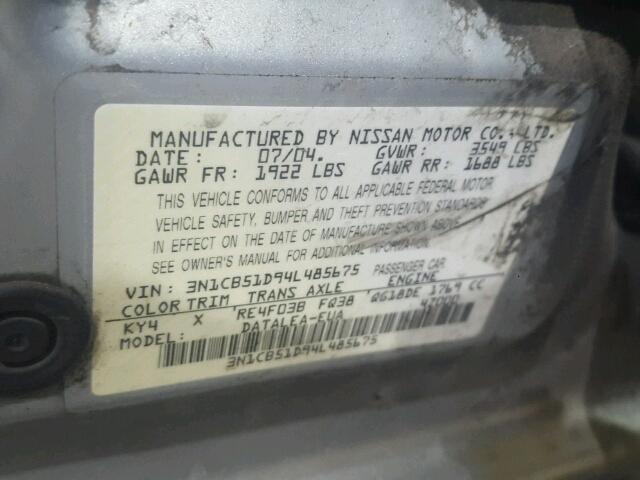 3N1CB51D94L485675 - 2004 NISSAN SENTRA SILVER photo 10