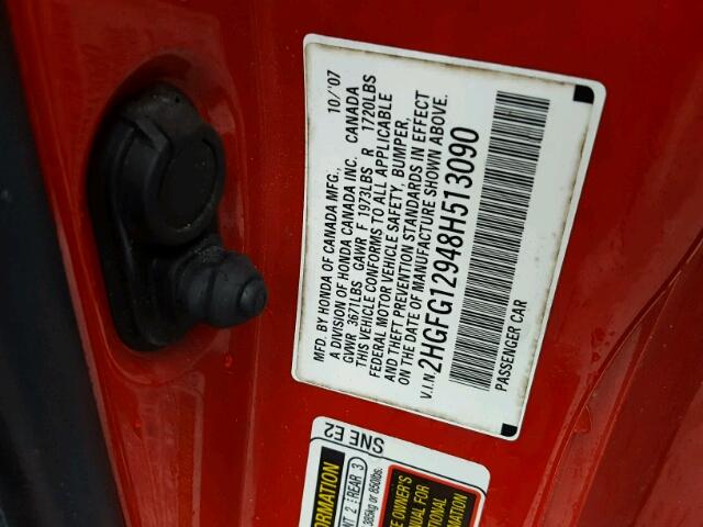 2HGFG12948H513090 - 2008 HONDA CIVIC EXL წითელი ფოტო 10