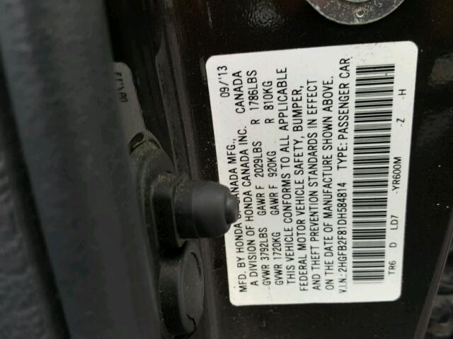 2HGFB2F81DH584814 - 2013 HONDA CIVIC EX შავი ფოტო 10