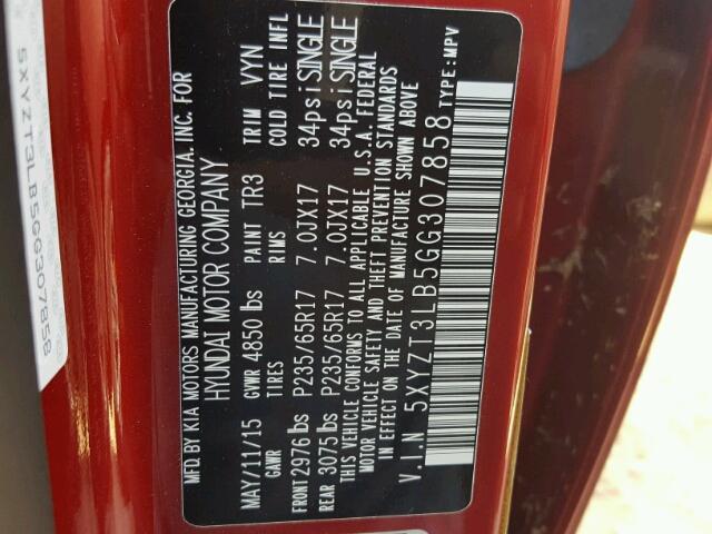 5XYZT3LB5GG307858 - 2016 HYUNDAI SANTA FE S RED photo 10