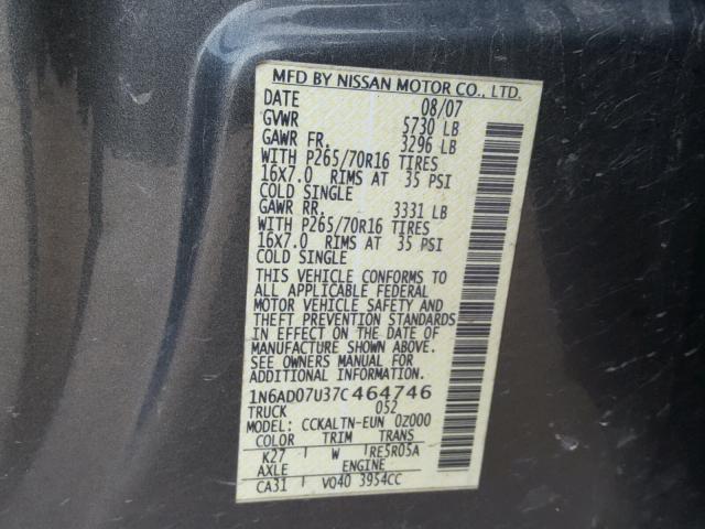 1N6AD07U37C464746 - 2007 NISSAN FRONTIER C GRAY photo 10