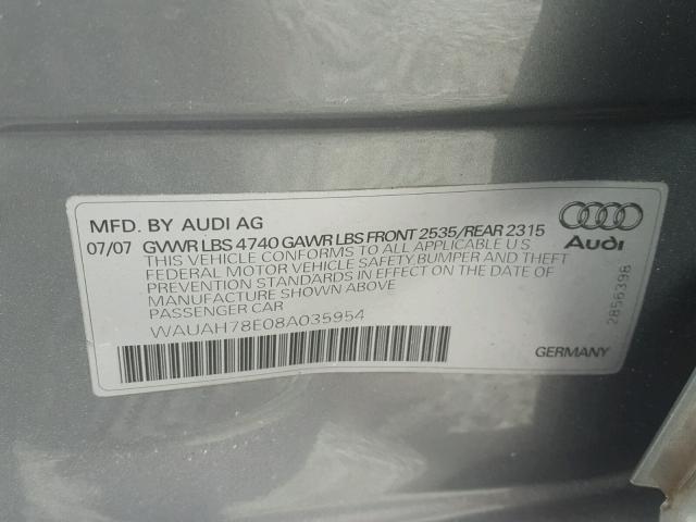 WAUAH78E08A035954 - 2008 AUDI A4 3.2 SILVER photo 10