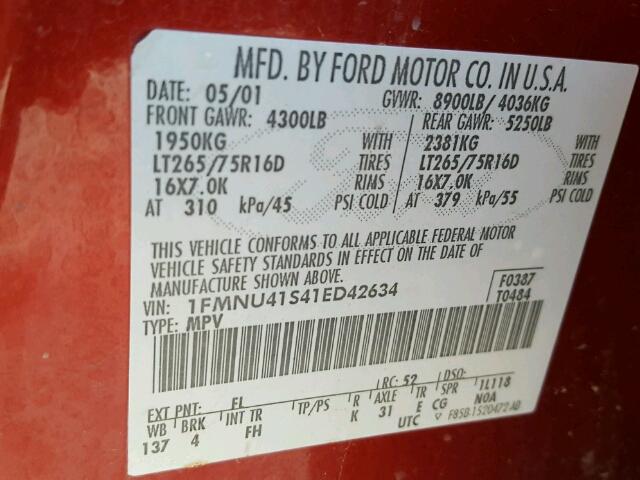 1FMNU41S41ED42634 - 2001 FORD EXCURSION RED photo 10