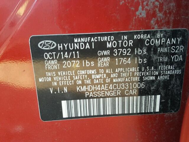 KMHDH4AE4CU331006 - 2012 HYUNDAI ELANTRA RED photo 10