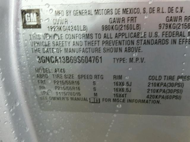 3GNCA13B69S604761 - 2009 CHEVROLET HHR LS SILVER photo 10